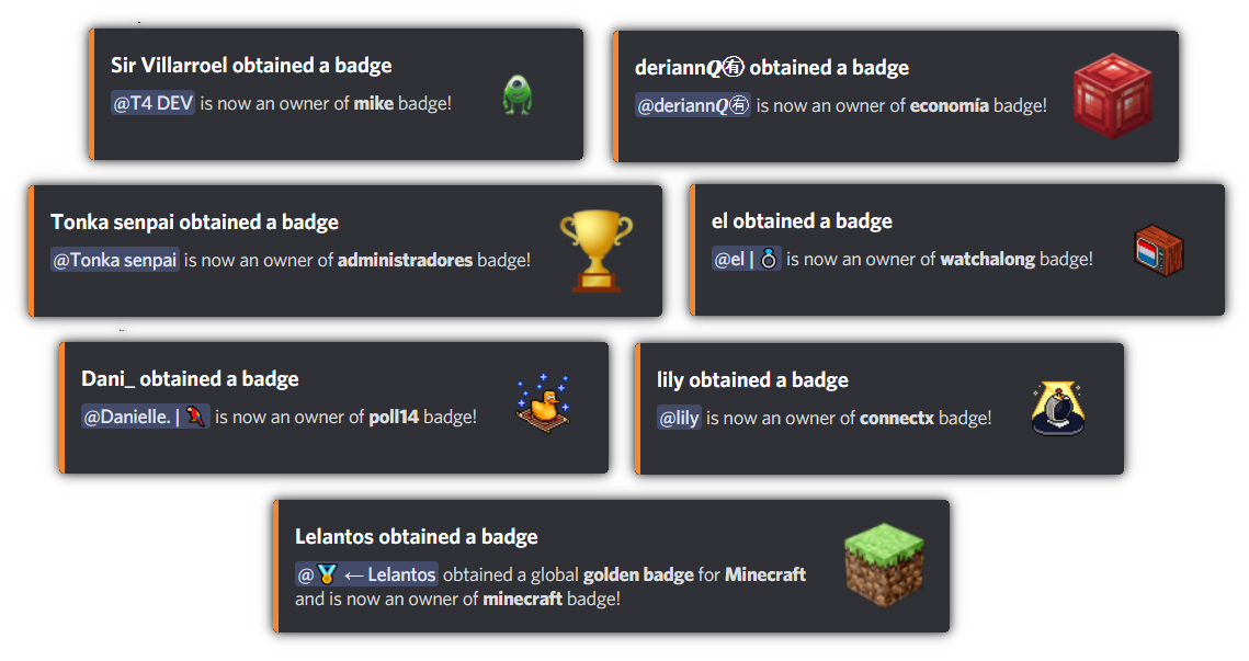 Discord badge announcement messages showing members who just obtained new badges